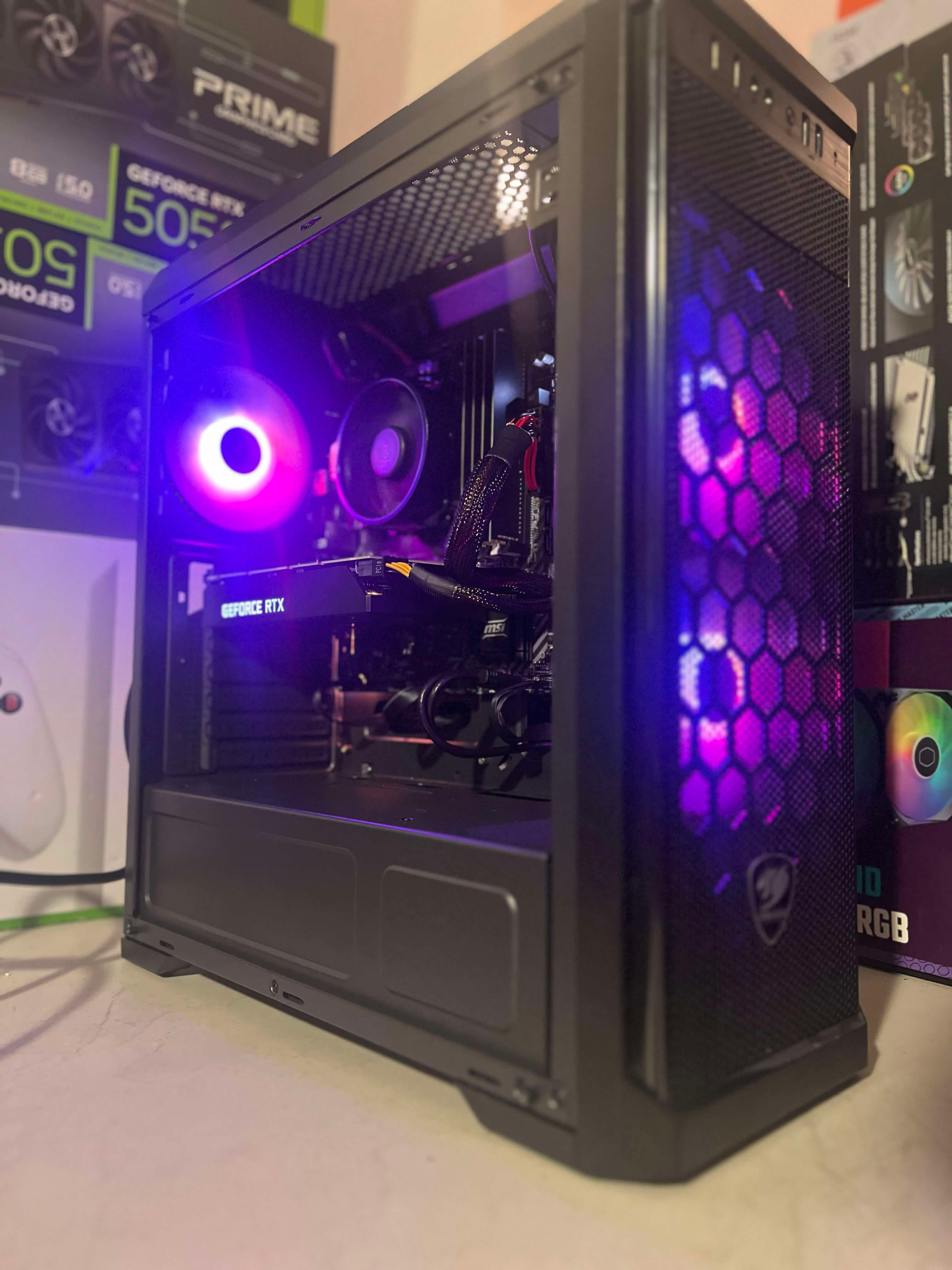 Mesh-front gaming PC with purple-lit cooling fans