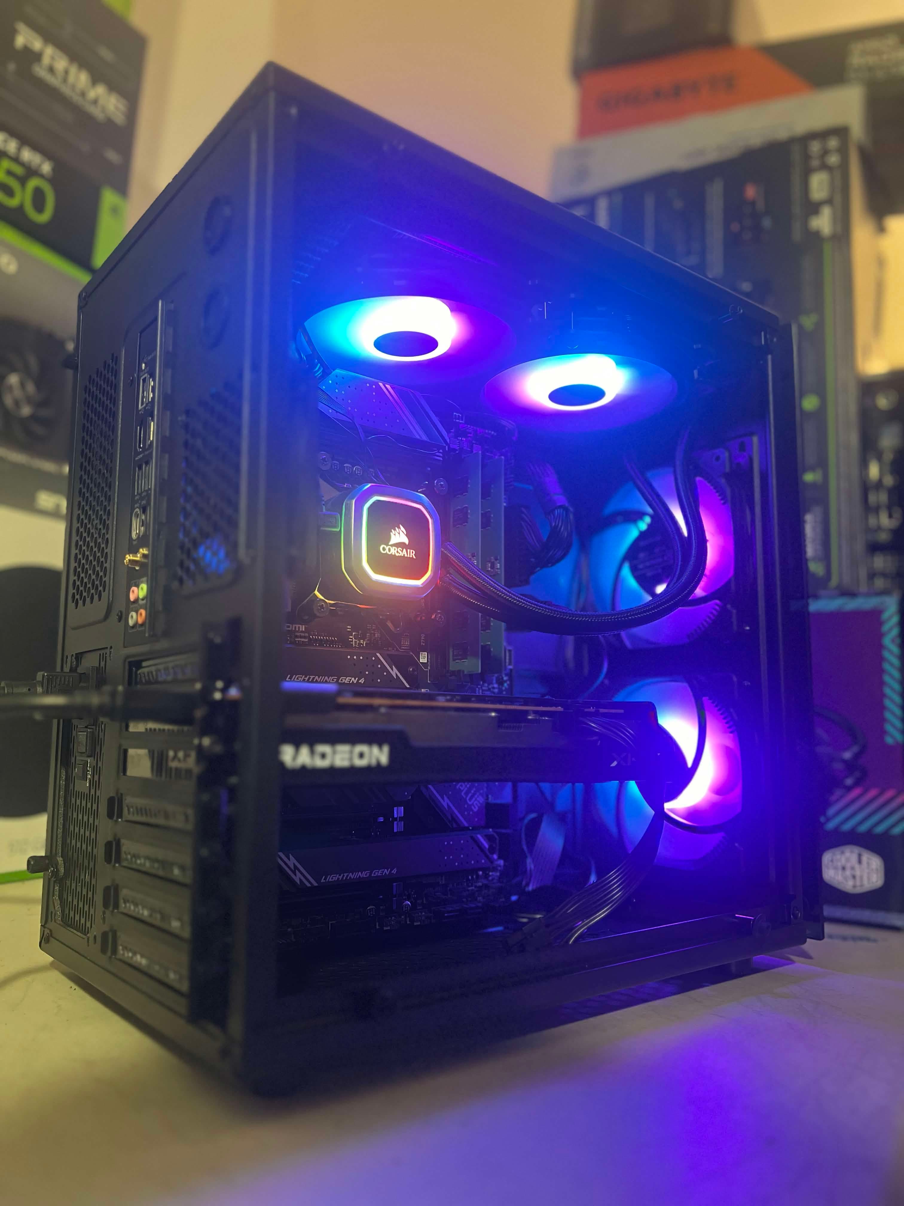 Glass-sided gaming PC with purple lighting and a Radeon graphics card